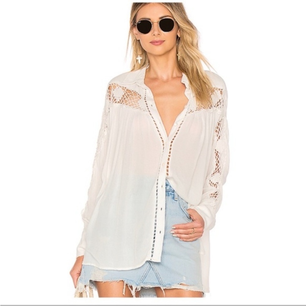 FREE PEOPLE Elegant White Lace Women's Top Gauze Fabric Size L
